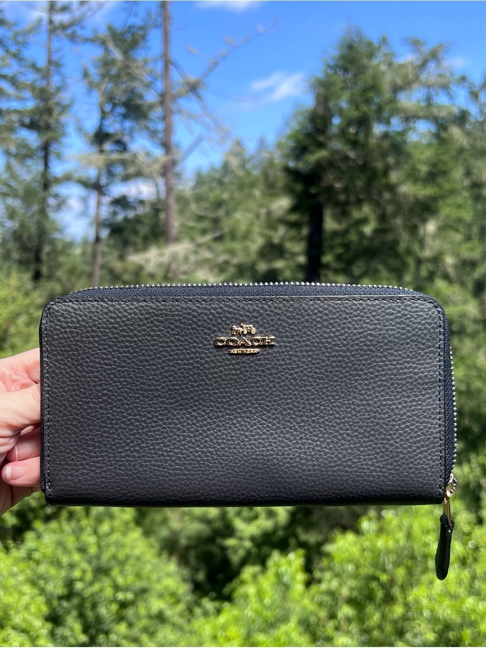 COACH Long Zip-Around Wallet Navy Pebble Leather with Gold Hardware AUTHENTIC